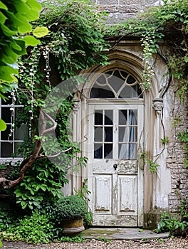 Entrance to a historic manor, framed by antique architectural elements and flanked by potted topiaries, features an aged photo