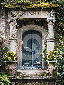 Entrance to a historic manor, framed by antique architectural elements and flanked by potted topiaries, features an aged photo