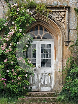 Entrance to a historic manor, framed by antique architectural elements and flanked by potted topiaries, features an aged photo