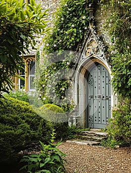 Entrance to a historic manor, framed by antique architectural elements and flanked by potted topiaries, features an aged photo