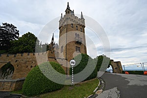 Entrance to Hohenzollern castle on a cloudy day