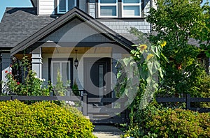 Entrance to a home through a beautiful green garden with flowers, plants. Front of a house with Garden design