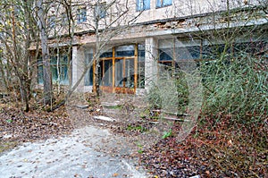 Entrance to hospital 126, abandoned ghost town Pripyat, Chernobyl NPP alienation zone, Ukraine