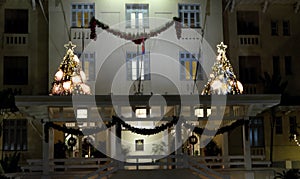 The entrance to the hotel is decorated with Christmas decorations