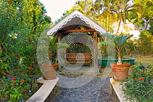 The entrance to a hotel in the windward islands