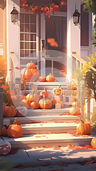 Entrance to the house, stairs decorated with glowing jack-o-lanterns, a Halloween image