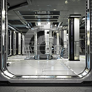 Entrance to an interior futuristic spaceship systems room  . 3d rendering backdrop