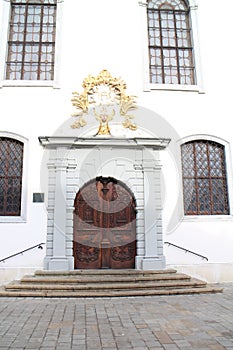 Entrance to Jesuit church in old town of Bratislava