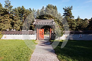 Entrance to the Korean courtyard in the Botanical Garden named after Akademik Grishko in Kiev.