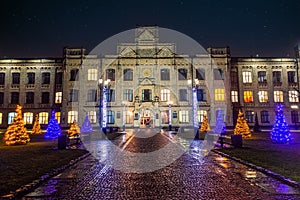 Entrance to the main building of Igor Sikorsky Kyiv Polytechnic Institute KPI at night Kyiv, Ukraine