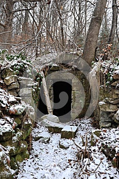 The entrance to the military bunker of soldiers of the Ukrainian insurgent army