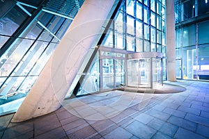 Entrance to a modern building at night, in Vienna, Austria.