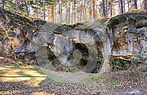 Entrance to a mysterious cave in the sandstone rock landscape in Blankenburg. Germany