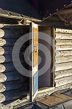 Entrance to the old wooden Russian bath house