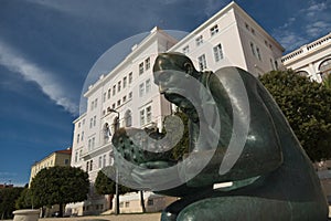 Entrance to the rectorate of the University of Zadar, Croatia. Monument of Spiridon Brusina, croatian malacologist. Statue by scul