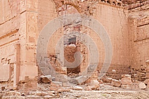 The entrance to the remains of the palace of the pharaohs daughter the Qasr al-Bint in the Nabatean Kingdom of Petra in the Wadi