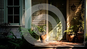 The entrance to a residence is graced by an enchanting green door, Generative AI photo