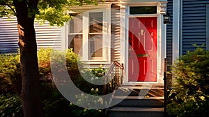 The entrance to a residence is graced by an enchanting red door, Generative AI photo