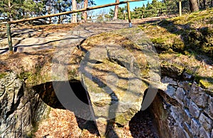 Entrance to the rocks at the RegensteinmÃ¼hle in Blankenburg in the sandstone rock landscape. Harz National Park. Saxony-Anhalt,
