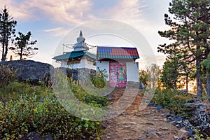 Entrance to Shad Tchup Ling Buddhist monastery on mountain Kachkanar. Russia