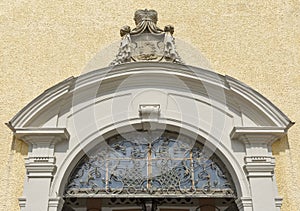 Entrance to St. Michael Basilica at Mondsee, Austria.