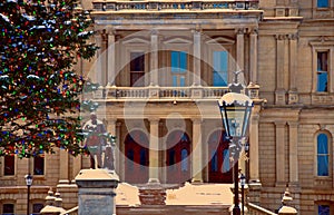 Entrance to State of Michigan Capitol at Christmas