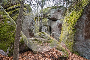 Entrance to the stone church named Steinernes Kirchlein in Thurmansbang Solla - Old church built in a stone cave between erratic r