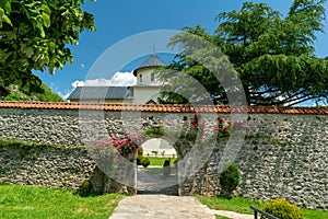 the entrance to the territory of the Moraca monastery framed by flowering plants