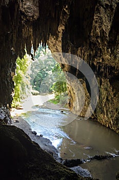 Entrance to the Tham Lod cave with stalactite and stalagmite