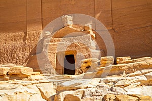 Entrance to the Tomb of Lihyan, son of Kuza carved in rock in the desert,  Mada'in Salih, Hegra, Saudi Arabia photo