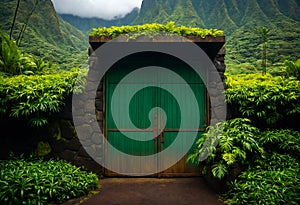 The entrance to an underground bunker in the jungle of the island of Hawaii is a shelter during a nuclear war