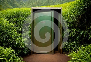 The entrance to an underground bunker in the jungle of the island of Hawaii is a shelter during a nuclear war