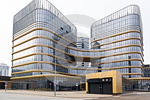 entrance to the underground parking against the background of a modern office building, general plan