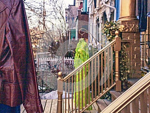 An entrance to a vintage clothing store located inside an old Victorian house