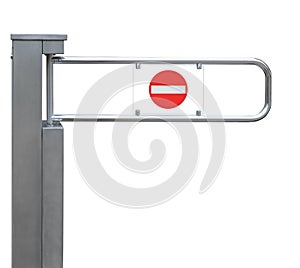 Entrance tourniquet, detailed turnstile, stainless steel, red no entry sign, isolated closeup, access control concept