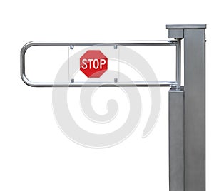 Entrance tourniquet, detailed turnstile, stainless steel, red stop sign, large detailed closeup, access control concept photo