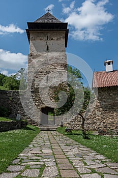 Entrance tower of Studenica monastery, 12th-century Serbian orthodox monastery located near city of Kraljevo, Serbia