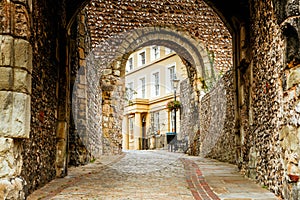 The entrance and walkway outside of the Lewes Castle & Gardens, East Sussex county town. The old vintage historical for visitor,