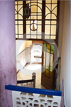 Entrance way decoration of Casa de Cristales Building, Melilla Spain showing Art Nouveau decoration mixed with Moroccan motifs photo