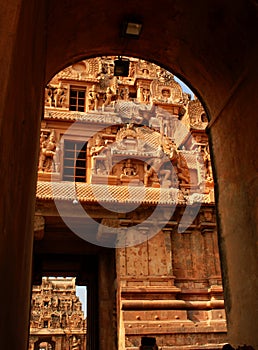The entrance way and first tower of Brihadisvara ancient Temple in Thanjavur, india.