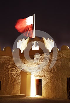 Entrance of the western tower of Riffa fort at night, Bahrain