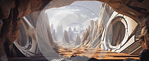 Entrances of the Future: Large Circular Portals into an Alien Underground City amid Unreal Landscapes and Cinematic Scenes