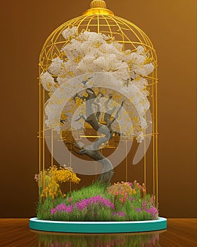Entrapped nature. Tree, flowers and cage