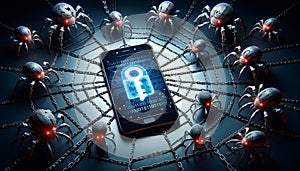 Entrapped Phone in Iron Chain Web with Key and Robot Spiders