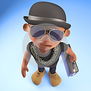 Entrepeneur black hiphop rapper wearing a bowler and holding a briefcase, 3d illustration photo
