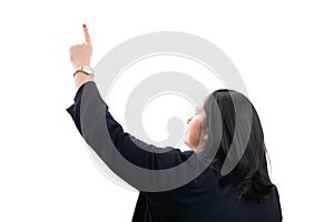 Entrepreneur female pointing finger touching invisible screen