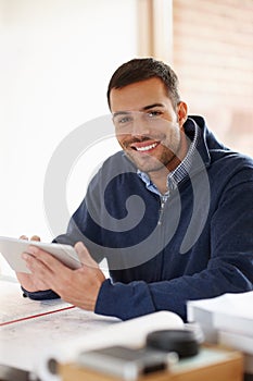 Entrepreneur, happy and relaxing in portrait after working on tablet for job, small business or freelance. Person