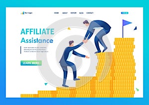 An entrepreneur helps a friend climb the ladder to wealth. Flat 2D. vector illustration landing page