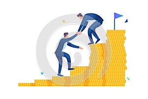 An entrepreneur helps a friend climb the ladder to wealth. Flat 2D. vector illustration web design