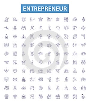 Entrepreneur line icons, signs set. Enterprising, business, innovator, visionary, aspiring, self employed, start up photo